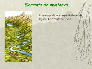 Elements de muntanya Al paisatge de muntanya distingim els següents elements naturals: 