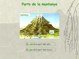 muntanya Parts de la muntanya cim EL   cim   és la part més alta . p e u EL   peu   és la part més baixa. 