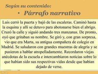 Según su contenido:
• Párrafo narrativo
Luis cerró la puerta y bajó de las escaleras. Caminó hasta
la esquina y allí se detuvo para abotonarse bien el abrigo.
Cruzó la calle y siguió andando tres manzanas. De pronto,
oyó que gritaban su nombre. Se giró y, con gran sorpresa,
vio que era Marta, su antigua compañera de colegio en
Madrid. Se saludaron con grandes muestras de alegría y se
pusieron a hablar atropelladamente. Recordaron viejas
anécdotas de la escuela e intercambiaron noticias sobre lo
que habían sido sus respectivas vidas desde que habían
dejado de verse.
 