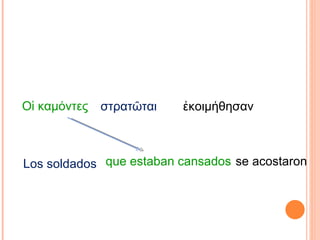 Οἱ καμόντες στρατ ῶται ἐκοιμήθησαν Los soldados que estaban cansados se acostaron 