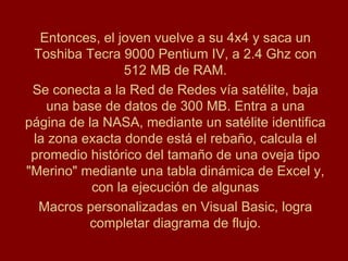 Entonces, el joven vuelve a su 4x4 y saca un Toshiba Tecra 9000 Pentium IV, a 2.4 Ghz con 512 MB de RAM. Se conecta a la Red de Redes vía satélite, baja una base de datos de 300 MB. Entra a una página de la NASA, mediante un satélite identifica la zona exacta donde está el rebaño, calcula el promedio histórico del tamaño de una oveja tipo "Merino" mediante una tabla dinámica de Excel y, con la ejecución de algunas Macros personalizadas en Visual Basic, logra completar diagrama de flujo. 