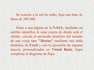 Se conecta a la red de redes, baja una base de datos de 300 MB.  Entra a una página de la  NASA ; mediante un satélite identifica la zona exacta de donde está el rebaño, calcula el promedio histórico del tamaño de una oveja tipo  "Merino"  mediante una tabla dinámica de  Excel  y con la ejecución de algunas macros personalizadas en  Visual Basic , logra completar el diagrama de flujo. 