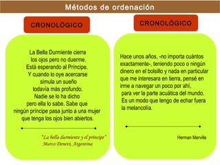 Métodos de ordenación

       CRONOLÓGICO                                        CRONOLÓGICO



       La Bella Durmiente cierra
                                                 Hace unos años, -no importa cuántos
       los ojos pero no duerme.
                                                 exactamente-, teniendo poco o ningún
     Está esperando al Príncipe.
                                                 dinero en el bolsillo y nada en particular
      Y cuando lo oye acercarse
                                                 que me interesara en tierra, pensé en
            simula un sueño
                                                 irme a navegar un poco por ahí,
        todavía más profundo.
                                                  para ver la parte acuática del mundo.
         Nadie se lo ha dicho
                                                  Es un modo que tengo de echar fuera
     pero ella lo sabe. Sabe que
                                                  la melancolía.
ningún príncipe pasa junto a una mujer
   que tenga los ojos bien abiertos.


            “La bella durmiente y el príncipe”                              Herman Merville
             Marco Denevi, Argentina
 