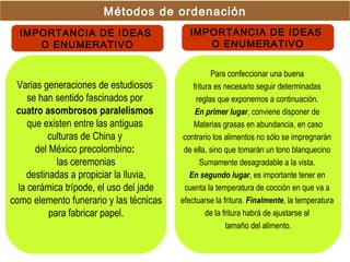 Métodos de ordenación
  IMPORTANCIA DE IDEAS                      IMPORTANCIA DE IDEAS
     O ENUMERATIVO                             O ENUMERATIVO


                                                    Para confeccionar una buena
 Varias generaciones de estudiosos           fritura es necesario seguir determinadas
     se han sentido fascinados por            reglas que exponemos a continuación.
 cuatro asombrosos paralelismos               En primer lugar, conviene disponer de
     que existen entre las antiguas          Materias grasas en abundancia, en caso
           culturas de China y            contrario los alimentos no sólo se impregnarán
       del México precolombino:           de ella, sino que tomarán un tono blanquecino
             las ceremonias                     Sumamente desagradable a la vista.
     destinadas a propiciar la lluvia,      En segundo lugar, es importante tener en
  la cerámica trípode, el uso del jade    cuenta la temperatura de cocción en que va a
como elemento funerario y las técnicas   efectuarse la fritura. Finalmente, la temperatura
           para fabricar papel.                   de la fritura habrá de ajustarse al
                                                         tamaño del alimento.
 