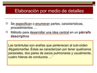 Elaboración por medio de detalles

    Se especifican o enumeran partes, características,
     procedimientos …
    Método para desarrollar una idea central en un párrafo
     descriptivo

    Las tarántulas son arañas que pertenecen al sub-orden
    Mygalomarfae. Éstas se caracterizan por tener quelíceros
    paraxiales, dos pares de sacos pulmonares y usualmente,
    cuatro hileras de conductos …”
 
