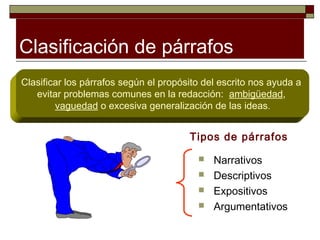 Clasificación de párrafos
Clasificar los párrafos según el propósito del escrito nos ayuda a
   evitar problemas comunes en la redacción: ambigüedad,
        vaguedad o excesiva generalización de las ideas.


                                       Tipos de párrafos

                                            Narrativos
                                            Descriptivos
                                            Expositivos
                                            Argumentativos
 