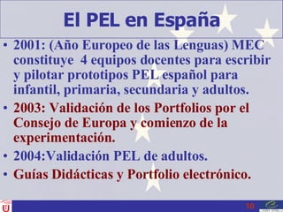 El PEL en España 2001: (Año Europeo de las Lenguas) MEC constituye  4 equipos docentes para escribir y pilotar prototipos PEL español para infantil, primaria, secundaria y adultos. 2003: Validación de los Portfolios por el Consejo de Europa y comienzo de la experimentación. 2004:Validación PEL de adultos. Guías Didácticas y Portfolio electrónico. 