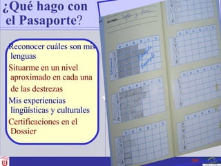 ¿Qué hago con  el Pasaporte ? Reconocer cuáles son mis lenguas  Situarme en un nivel aproximado en cada una de las destrezas Mis experiencias lingüísticas y culturales Certificaciones en el  Dossier  