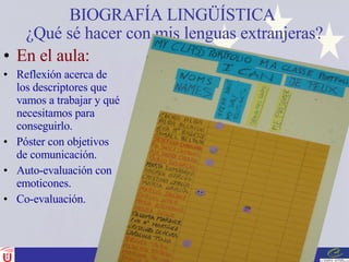 BIOGRAFÍA LINGÜÍSTICA  ¿Qué sé hacer con mis lenguas extranjeras? En el aula:   Reflexión acerca de los descriptores que vamos a trabajar y qué necesitamos para conseguirlo. Póster con objetivos de comunicación.  Auto-evaluación con emoticones. Co-evaluación. 