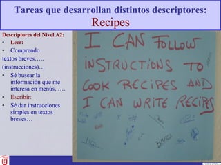 Tareas que desarrollan distintos descriptores:   Recipes Descriptores del Nivel A2: Leer: Comprendo textos breves….. (instrucciones)… Sé buscar la información que me interesa en menús, …. Escribir:   Sé dar instrucciones simples en textos breves… 