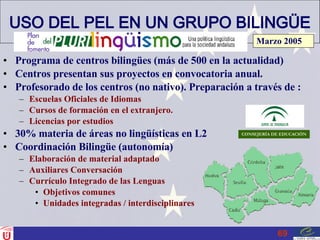 USO DEL PEL EN UN GRUPO BILINGÜE Programa de centros bilingües (más de 500 en la actualidad) Centros presentan sus proyectos en convocatoria anual. Profesorado de los centros (no nativo). Preparación a través de :  Escuelas Oficiales de Idiomas Cursos de formación en el extranjero. Licencias por estudios 30% materia de áreas no lingüísticas en L2 Coordinación Bilingüe (autonomía) Elaboración de material adaptado  Auxiliares Conversación Currículo Integrado de las Lenguas Objetivos comunes Unidades integradas / interdisciplinares Marzo 2005 CONSEJERÍA DE EDUCACIÓN 