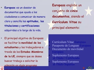 Europass  es un dossier de documentos que ayuda a los ciudadanos a comunicar de manera clara y sencilla las  aptitudes, las titulaciones  y  certificaciones  adquiridas a lo largo de la vida. El principal objetivo de Europass es facilitar la  movilidad de los estudiantes  y los trabajadores a través de los  Estados Miembros de la   UE , siempre que se desee buscar trabajo o solicitar la admisión en algún programa educativo o formativo.  Europass  engloba un conjunto de  cinco documentos , siendo el  Currículum Vitae  su principal elemento: Currículum  Vitae   Europass   Pasaporte de Lenguas  Europass   Documento de movilidad  Europass   Suplemento  Europass  al Título / Certificado   Suplemento  Europass  al Título Superior   