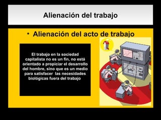 Alienación del trabajo Alienación del acto de trabajo .  El trabajo en la sociedad capitalista no es un fin, no está orientado a propiciar el desarrollo del hombre, sino que es un medio para satisfacer  las necesidades biológicas fuera del trabajo   