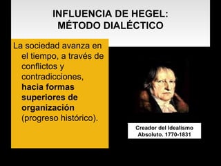 INFLUENCIA DE HEGEL: MÉTODO DIALÉCTICO La sociedad avanza en el tiempo, a través de conflictos y contradicciones,  hacia formas   superiores de organización  (progreso histórico). Creador del Idealismo Absoluto. 1770-1831 