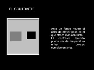 EL CONTRASTE Ante un fondo neutro el color de mayor peso es el que ofrece más contraste. El contraste también puede ser de temperatura entre colores complementarios. 