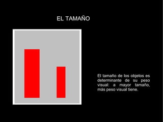 EL TAMAÑO El tamaño de los objetos es determinante de su peso visual: a mayor tamaño, más peso visual tiene. 