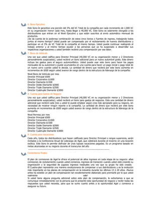 6. Bono Ejecutivo
Este bono le garantiza una porción del 3% del VC Total de la compañía por cada incremento de 1,000 VC
en su organización menor cada mes, hasta llegar a 40,000 VC. Este bono es solamente otorgado a los
distribuidores que entran en el Nivel Ejecutivo y que están suscritos al envío automático mensual de
productos.
¿Se da cuenta de la poderosa combinación de estos cinco bonos o fuentes de ingreso, trabajando todos
juntos al mismo tiempo? Usted puede ser compensado por el reclutamiento de nuevos distribuidores y
participar en el 3% de VC Total de la compañía al mismo tiempo. Usted puede continuar realizando el
trabajo anterior y al mismo tiempo ayudar a las personas que ya ha auspiciado a desarrollar sus
respectivas organizaciones y usted también recibirá una compensación por esa labor.
7. Bono de Vehículo
Una vez que usted califica para Director Principal (40,000 VC en su organización menor y 2 Directores
personalmente auspiciados), usted recibirá un bono adicional para un nuevo automóvil gratis. Este dinero
incluye los gastos para el seguro automovilístico. Usted puede usar este bono para hacer los pagos
mensuales de su automóvil o puede acumularlos en una cuenta para hacer un pago inicial o pago total de
un nuevo carro cuando usted lo decida. La cantidad de dinero que recibirá por este bono aumenta en
incrementos de $500 según usted avance de rango dentro de la estructura de liderazgo de la compañía:
Nivel Bono de Vehículo por mes
Director Principal $500
Director Corporativo $1000
Director Diamante $1500
Director Doble Diamante $2000
Director Triple Diamante $2500
Director Cuádruple Diamante $3000
8. Cuenta para Gastos de Negocio
Una vez que usted califica para Director Principal (40,000 VC en su organización menor y 2 Directores
personalmente auspiciados), usted recibirá un bono para gastos de negocios. Esta una cantidad de dinero
adicional que recibirá cada mes y usted lo puede emplear según crea más apropiado para su negocio, sin
necesidad de mostrar ningún reporte a la compañía. La cantidad de dinero que recibirá por este bono
aumenta en incrementos de $500 según usted avance de rango dentro de la estructura de liderazgo de la
compañía:
Nivel Permiso por mes
Director Principal $500
Director Corporativo $1000
Director Diamante $1500
Director Doble Diamante $2000
Director Triple Diamante $2500
Director Cuádruple Diamante $3000
9. Cuenta para Vacaciones
Cada año, todos los distribuidores que hayan calificado para Director Principal o rangos superiores, serán
invitados a la Conferencia Anual de Liderazgo de Agel, que celebrará durante el invierno en una locación
exótica. Este bono le permite disfrutar de unas lujosas vacaciones pagadas. Es un programa basado en
metas alcanzadas en su negocio durante el transcurso del año

Comentarios finales

El plan de comisiones de Agel le ofrece el potencial de altos ingresos en cada etapa de su negocio: altas
comisiones de reclutamiento cuando usted comienza, ingresos de transición cuando usted está creando su
organización y la seguridad de jugosos ingresos residuales una vez que su grupo ha sido creado.
El Cuadra-plan representa una manera revolucionaria de compensar a sus distribuidores y es la evolución
más importante en los planes de compensación en la industria durante los últimos 15 ó 20 años. ¡Nunca
antes ha existido un plan de compensación tan excelentemente elaborado para premiarle por lo que usted
realmente                                               vale!
Si usted tiene alguna pregunta adicional sobre este plan de compensación, le exhortamos a que se
comunique inmediatamente con la persona que le presentó esta oportunidad de negocio y recibir todas las
respuestas que usted necesita, para que se sume cuanto antes a la oportunidad Agel y comience a
asegurar su futuro.
 