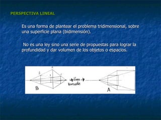 PERSPECTIVA LINEAL Es una forma de plantear el problema tridimensional, sobre una superficie plana (bidimensión). No es una ley sino una serie de propuestas para lograr la profundidad y dar volumen de los objetos o espacios. 