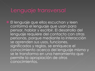 El lenguaje que ellos escuchan y leen conforma el lenguaje que usan para pensar, hablar y escribir. El desarrollo del lenguaje requiere del contacto con otras personas, porque mediante la interacción se aprenden sus usos, funciones, significados y reglas, se enriquece el conocimiento acerca del lenguaje mismo y se le transforma en una herramienta que permite la apropiación de otros conocimientos. 