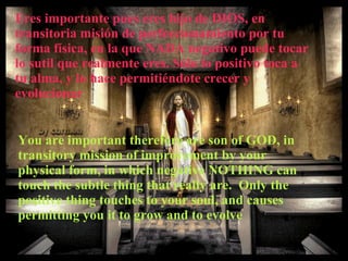 Eres importante pues eres hijo de DIOS, en transitoria misión de perfeccionamiento por tu forma física, en la que NADA negativo puede tocar lo sutil que realmente eres. Sólo lo positivo toca a tu alma, y lo hace permitiéndote crecer y evolucionar You are important therefore are son of GOD, in transitory mission of improvement by your physical form, in which negative NOTHING can touch the subtle thing that really are.  Only the positive thing touches to your soul, and causes permitting you it to grow and to evolve 