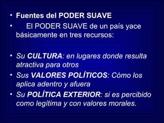 Fuentes del PODER SUAVE El PODER SUAVE de un país yace básicamente en tres recursos: Su  CULTURA : en lugares donde resulta atractiva para otros Sus  VALORES POLÍTICOS : Cómo los aplica adentro y afuera Su  POLÍTICA EXTERIOR : si es percibido como legítima y con valores morales. 