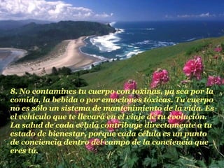 8. No contamines tu cuerpo con toxinas, ya sea por la comida, la bebida o por emociones tóxicas. Tu cuerpo no es sólo un sistema de mantenimiento de la vida. Es el vehículo que te llevará en el viaje de tu evolución. La salud de cada célula contribuye directamente a tu estado de bienestar, porque cada célula es un punto de conciencia dentro del campo de la conciencia que eres tú.  
