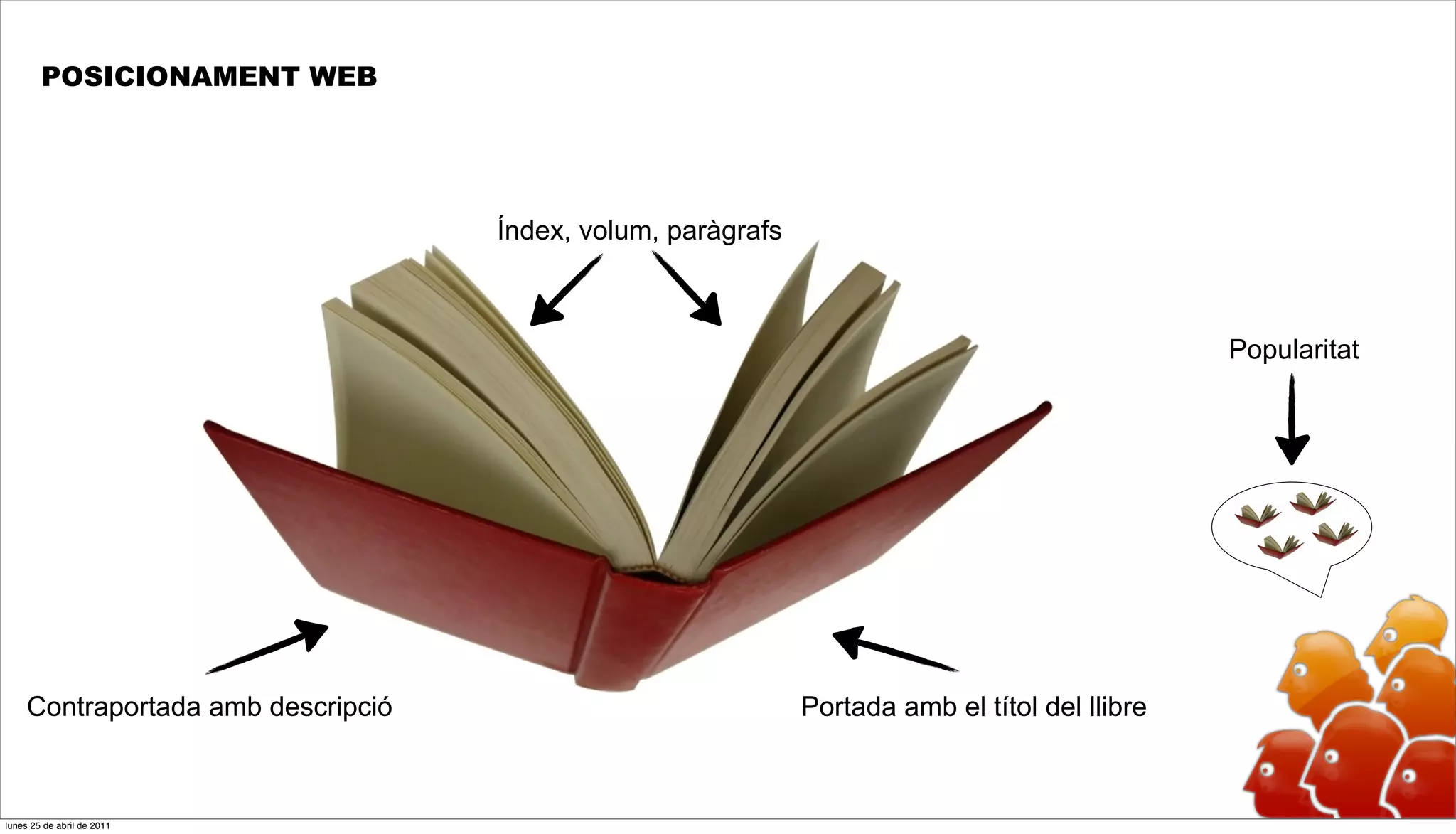 POSICIONAMENT WEB




                                    Índex, volum, paràgrafs



                                                                                                Popularitat




     Contraportada amb descripció                             Portada amb el títol del llibre



lunes 25 de abril de 2011
 