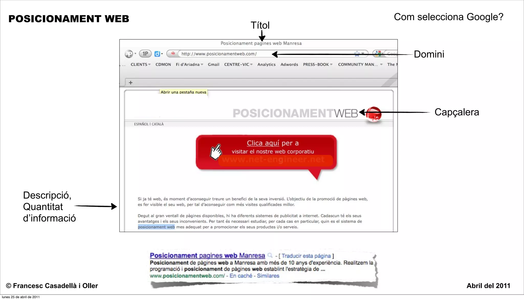 POSICIONAMENT WEB                    Com selecciona Google?
                                 Títol

                                            Domini




                                                 Capçalera




             Descripció,
             Quantitat
             d’informació




  © Francesc Casadellà i Oller                         Abril del 2011
lunes 25 de abril de 2011
 