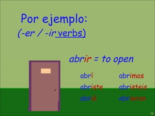 (-er / -ir   verbs) abr í abr iste abr ió abr imos abr isteis abr ieron Por ejemplo: abr ir  = to open 