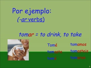 (- ar  verbs) Tom é   tom aste tom ó tom amos tom asteis tom aron Por ejemplo: tom ar  = to drink, to take 
