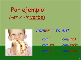 (-er / -ir   verbs) com í com iste com ió com imos com isteis com ieron Por ejemplo: com er  = to eat 