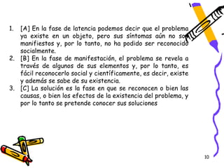 1. [A] En la fase de latencia podemos decir que el problema
   ya existe en un objeto, pero sus síntomas aún no son
   manifiestos y, por lo tanto, no ha podido ser reconocido
   socialmente.
2. [B] En la fase de manifestación, el problema se revela a
   través de algunos de sus elementos y, por lo tanto, es
   fácil reconocerlo social y científicamente, es decir, existe
   y además se sabe de su existencia.
3. [C] La solución es la fase en que se reconocen o bien las
   causas, o bien los efectos de la existencia del problema, y
   por lo tanto se pretende conocer sus soluciones




                                                                  10
 