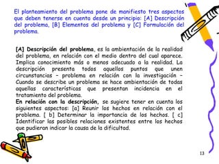 El planteamiento del problema pone de manifiesto tres aspectos
que deben tenerse en cuenta desde un principio: [A] Descripción
del problema, [B] Elementos del problema y [C] Formulación del
problema.


[A] Descripción del problema, es la ambientación de la realidad
del problema, en relación con el medio dentro del cual aparece.
Implica conocimiento más o menos adecuado a la realidad. La
descripción presenta todos aquellos puntos que unen
circunstancias – problema en relación con la investigación –
Cuando se describe un problema se hace ambientación de todas
aquellas características que presentan incidencia en el
tratamiento del problema.
En relación con la descripción, se sugiere tener en cuenta los
siguientes aspectos: [a] Reunir los hechos en relación con el
problema. [ b] Determinar la importancia de los hechos. [ c]
Identificar las posibles relaciones existentes entre los hechos
que pudieran indicar la causa de la dificultad.



                                                                  13
 