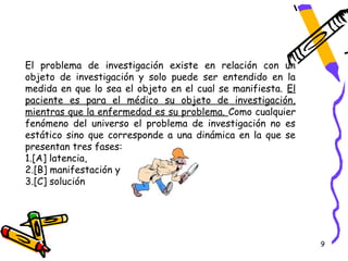 El problema de investigación existe en relación con un
objeto de investigación y solo puede ser entendido en la
medida en que lo sea el objeto en el cual se manifiesta. El
paciente es para el médico su objeto de investigación,
mientras que la enfermedad es su problema. Como cualquier
fenómeno del universo el problema de investigación no es
estático sino que corresponde a una dinámica en la que se
presentan tres fases:
1.[A] latencia,
2.[B] manifestación y
3.[C] solución




                                                              9
 