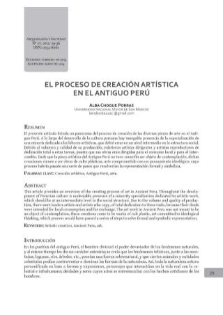 EL PROCESO DE CREACIÓN ARTÍSTICA EN EL ANTIGUO PERÚ - Alba Choque Porras. Publicado en Revista Arqueología y Sociedad Nº 27, pp.29-36, 2014. UNMSM.