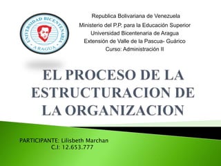 Republica Bolivariana de Venezuela
Ministerio del P.P. para la Educación Superior
Universidad Bicentenaria de Aragua
Extensión de Valle de la Pascua- Guárico
Curso: Administración II
PARTICIPANTE: Lilisbeth Marchan
C.I: 12.653.777
 