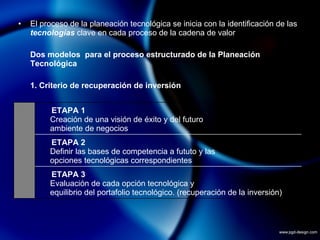 El proceso de la planeación tecnológica se inicia con la identificación de las  tecnologías  clave en cada proceso de la cadena de valor Dos modelos  para el proceso estructurado de la Planeación Tecnológica 1. Criterio de recuperación de inversión   ETAPA 1 Creación de una visión de éxito y del futuro ambiente de negocios ETAPA 2   Definir las bases de competencia a fututo y las  opciones tecnológicas correspondientes ETAPA 3   Evaluación de cada opción tecnológica y equilibrio del portafolio tecnológico. (recuperación de la inversión) 