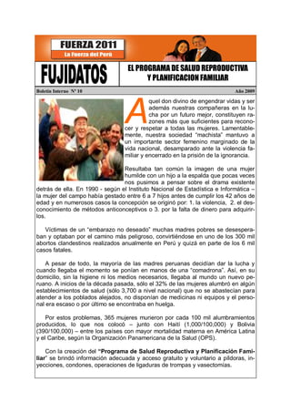 EL PROGRAMA DE SALUD REPRODUCTIVA
                                         Y PLANIFICACION FAMILIAR
Boletín Interno Nº 10 ...