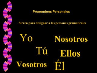 Pronombres Personales
Sirven para designar a las personas gramaticales
Yo
Tú
Él
Nosotros
Vosotros
Ellos
 