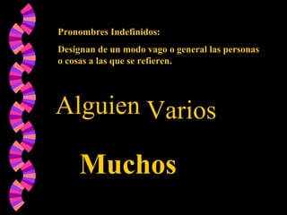 Pronombres Indefinidos:
Designan de un modo vago o general las personas
o cosas a las que se refieren.
Alguien Varios
Muchos
 