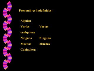 Pronombres Indefinidos:
Alguien
Varios Varias
cualquiera
Ninguno Ninguna
Muchos Muchas
Cualquiera
 