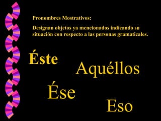 Pronombres Mostrativos:
Designan objetos ya mencionados indicando su
situación con respecto a las personas gramaticales.
Éste
Ése
Aquéllos
Eso
 