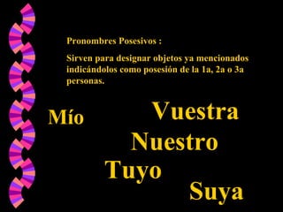Pronombres Posesivos :
Sirven para designar objetos ya mencionados
indicándolos como posesión de la 1a, 2a o 3a
personas.
Mío
Tuyo
Nuestro
Vuestra
Suya
 