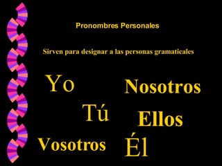 Pronombres Personales Sirven para designar a las personas gramaticales Yo Tú Él Nosotros Vosotros Ellos 