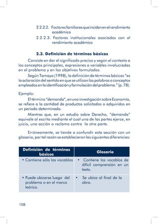 108
2.2.2.2.  Factoresfamiliaresqueincidenenelrendimiento
académico
2.2.2.3. Factores institucionales asociados con el
rendimiento académico
	
2.3. Definición de términos básicos
Consiste en dar el significado preciso y según el contexto a
los conceptos principales, expresiones o variables involucradas
en el problema y en los objetivos formulados.
Según Tamayo (1998), la definición de términos básicos “es
la aclaración del sentido en que se utilizan las palabras o conceptos
empleadosenlaidentificaciónyformulacióndelproblema.”(p.78).
Ejemplo:
El término “demanda”,enunainvestigaciónsobreEconomía,
se refiere a la cantidad de productos solicitados o adquiridos en
un período determinado.
Mientras que, en un estudio sobre Derecho, “demanda”
equivale al escrito mediante el cual una de las partes ejerce, en
juicio, una acción o reclamo contra la otra parte.
Erróneamente, se tiende a confundir esta sección con un
glosario, por tal razón se establecieron las siguientes diferencias:
	
Definición de términos
básicos
Glosario
• Contiene sólo los vocablos •   Contiene los vocablos de
difícil comprensión en un
texto.
• Puede ubicarse luego  del
problema o en el marco
teórico.
•   Se ubica al final de la
obra.
 