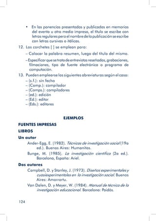 124
•   En las ponencias presentadas y publicadas en memorias
del evento u otro medio impreso, el título se escribe con
letrasregularesperoelnombredelapublicaciónseescribe
con letras cursivas o itálicas.
12.  Los corchetes [ ] se emplean para:
– Colocar la palabra resumen, luego del título del mismo.
– Especificarquesetratadeentrevistasreseñadas,grabaciones,
filmaciones, tipo de fuente electrónica o programa de
computación.
13.  Pueden emplearse las siguientes abreviaturas según el caso:
– (s.f.): sin fecha
– (Comp.): compilador
– (Comps.): compiladores
– (ed.): edición
– (Ed.): editor
– (Eds.): editores
EJEMPLOS
FUENTES IMPRESAS
LIBROS
Un autor
Ander-Egg, E. (1982). Técnicas de investigación social (19a
ed.). Buenos Aires: Humanitas.
Bunge, M. (1985). La investigación científica (2a ed.).
Barcelona, España: Ariel.
Dos autores
Campbell, D. y Stanley, J. (1973). Diseños experimentales y
cuasiexperimentales en la investigación social. Buenos
Aires: Amorrortu.
Van Dalen, D. y Meyer, W. (1984). Manual de técnica de la
investigación educacional. Barcelona: Paidós.
 
