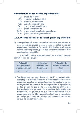 35
Nomenclatura de los diseños experimentales
	
	 G:	 grupo de sujetos
	 O1:	 pretest o medición inicial	
	 X:	 estímulo o tratamiento			
	 O2:	 postest o medición final
	 Ge I:	 grupo experimental intacto
	 Gc I:	 grupo control intacto
	 Ge A:	 grupo experimental asignado al azar
	 Gc A:	 grupo control asignado al azar		
2.5.1. Diseños básicos de la investigación experimental
a)  Preexperimental: como su nombre lo indica, este diseño es
una especie de prueba o ensayo que se realiza antes del
experimento verdadero. Su principal limitación es el escaso
control sobre el proceso, por lo que su valor científico es muy
cuestionable y rebatible.
Un modelo básico preexperimental es el diseño pretest-
postest con un solo grupo:
Aplicación
del pre-test o
medición inicial
Aplicación
del estímulo o
tratamiento
Aplicación del
postest o medición
final
G O1 X O2
b)  Cuasiexperimental: este diseño es “casi” un experimento,
excepto por la falta de control en la conformación inicial de los
grupos, ya que al no ser asignados al azar los sujetos, se carece
de seguridad en cuanto a la homogeneidad o equivalencia
de los grupos, lo que afecta la posibilidad de afirmar que
los resultados son producto de la variable independiente o
tratamiento. Los grupos a los que se hace referencia son: el
grupo experimental (Ge), que recibe el estímulo o tratamiento
(X); y el grupo control (Gc), el cual sólo sirve de comparación
ya que no recibe tratamiento.
 