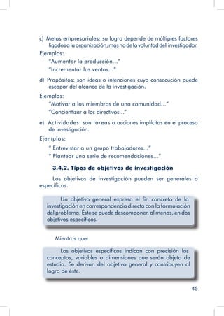 45
c)  Metas empresariales: su logro depende de múltiples factores
ligadosalaorganización,masnodelavoluntaddel investigador.
Ejemplos:
“Aumentar la producción...”
“Incrementar las ventas...”
d)  Propósitos: son ideas o intenciones cuya consecución puede
escapar del alcance de la investigación.
Ejemplos:
“Motivar a los miembros de una comunidad...”
“Concientizar a los directivos...”
e)  Actividades: son tareas o acciones implícitas en el proceso
de investigación.
Ejemplos:
“ Entrevistar a un grupo trabajadores...”
“ Plantear una serie de recomendaciones...”
3.4.2. Tipos de objetivos de investigación
Los objetivos de investigación pueden ser generales o
específicos.
	 Un objetivo general expresa el fin concreto de la
investigación en correspondencia directa con la formulación
del problema. Éste se puede descomponer, al menos, en dos
objetivos específicos.
Mientras que:
	 Los objetivos específicos indican con precisión los
conceptos, variables o dimensiones que serán objeto de
estudio. Se derivan del objetivo general y contribuyen al
logro de éste.
 