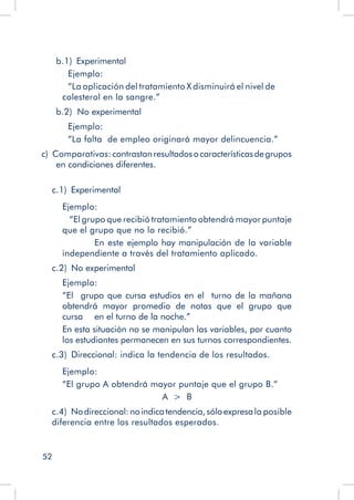 52
b.1)  Experimental
	 Ejemplo:
	 “La aplicación del tratamiento X disminuirá el nivel de 	
colesterol en la sangre.”
b.2) No experimental
	 Ejemplo:
	 “La falta de empleo originará mayor delincuencia.”
c)  Comparativas: contrastanresultadosocaracterísticasdegrupos
en condiciones diferentes.
c.1)  Experimental
Ejemplo:
	 “El grupo que recibió tratamiento obtendrá mayor puntaje
que el grupo que no lo recibió.”
	 En este ejemplo hay manipulación de la variable
independiente a través del tratamiento aplicado.
c.2)  No experimental
Ejemplo:
“El grupo que cursa estudios en el turno de la mañana
obtendrá mayor promedio de notas que el grupo que
cursa 	 en el turno de la noche.”
En esta situación no se manipulan las variables, por cuanto
los estudiantes permanecen en sus turnos correspondientes.
c.3)  Direccional: indica la tendencia de los resultados.
Ejemplo:
“El grupo A obtendrá mayor puntaje que el grupo B.”
A > B
c.4)  Nodireccional:noindicatendencia,sóloexpresala posible
diferencia entre los resultados esperados.
 