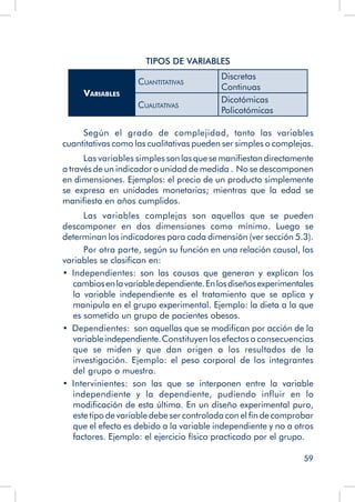 59
TIPOS DE VARIABLES
Variables
Cuantitativas
Discretas
Continuas
Cualitativas
Dicotómicas
Policotómicas
Según el grado de complejidad, tanto las variables
cuantitativas como las cualitativas pueden ser simples o complejas.
Las variables simples sonlasquesemanifiestandirectamente
a través de un indicador o unidad de medida . No se descomponen
en dimensiones. Ejemplos: el precio de un producto simplemente
se expresa en unidades monetarias; mientras que la edad se
manifiesta en años cumplidos.
Las variables complejas son aquellas que se pueden
descomponer en dos dimensiones como mínimo. Luego se
determinan los indicadores para cada dimensión (ver sección 5.3).
Por otra parte, según su función en una relación causal, las
variables se clasifican en:
•  Independientes: son las causas que generan y explican los
cambiosenlavariabledependiente.Enlosdiseñosexperimentales
la variable independiente es el tratamiento que se aplica y
manipula en el grupo experimental. Ejemplo: la dieta a la que
es sometido un grupo de pacientes obesos.
•  Dependientes:  son aquellas que se modifican por acción de la
variableindependiente.Constituyen los efectos o consecuencias
que se miden y que dan origen a los resultados de la
investigación. Ejemplo: el peso corporal de los integrantes
del grupo o muestra.
•  Intervinientes: son las que se interponen entre la variable
independiente y la dependiente, pudiendo influir en lo
modificación de esta última. En un diseño experimental puro,
este tipo de variable debe ser controlada con el fin de comprobar
que el efecto es debido a la variable independiente y no a otros
factores. Ejemplo: el ejercicio físico practicado por el grupo.
 